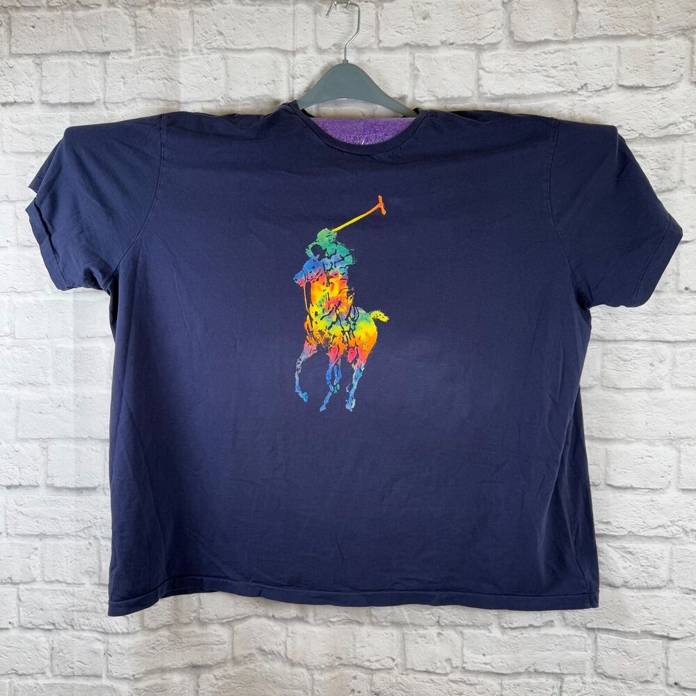 Polo Ralph Lauren Mens 4XB T-Shirt Navy Blue Crewneck Rainbow Jockey Big & Tall